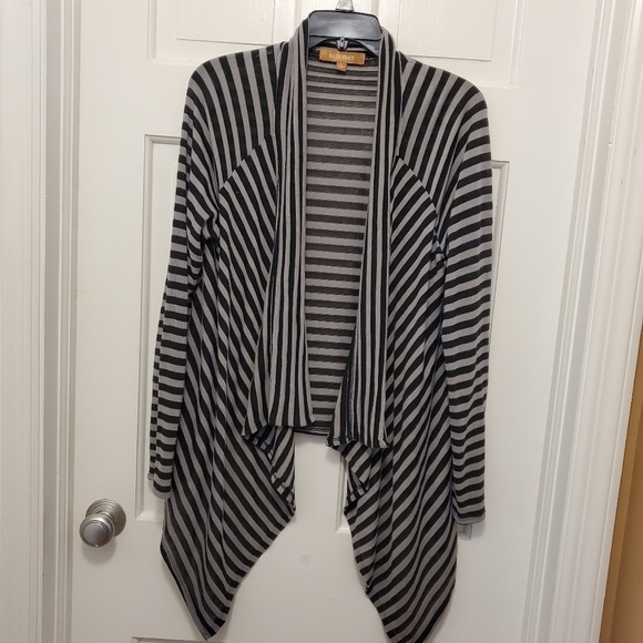 Ellen Tracy Black & Gray Striped Lightweight Open front Cardigan size Large - Picture 9 of 10